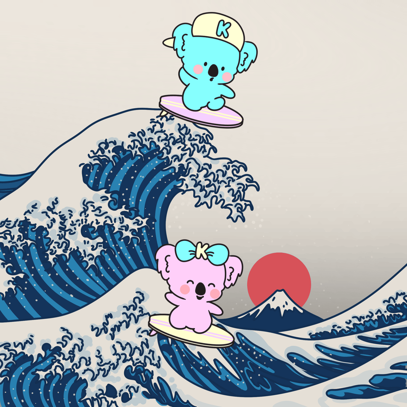 Koko and Kobi surfing a great wave in front of Mount Fuji
